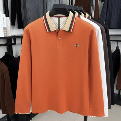 High end men's long sleeved polo shirt autumn fashion brand bee embroidery new business and casual color blocked lapel T-shirt