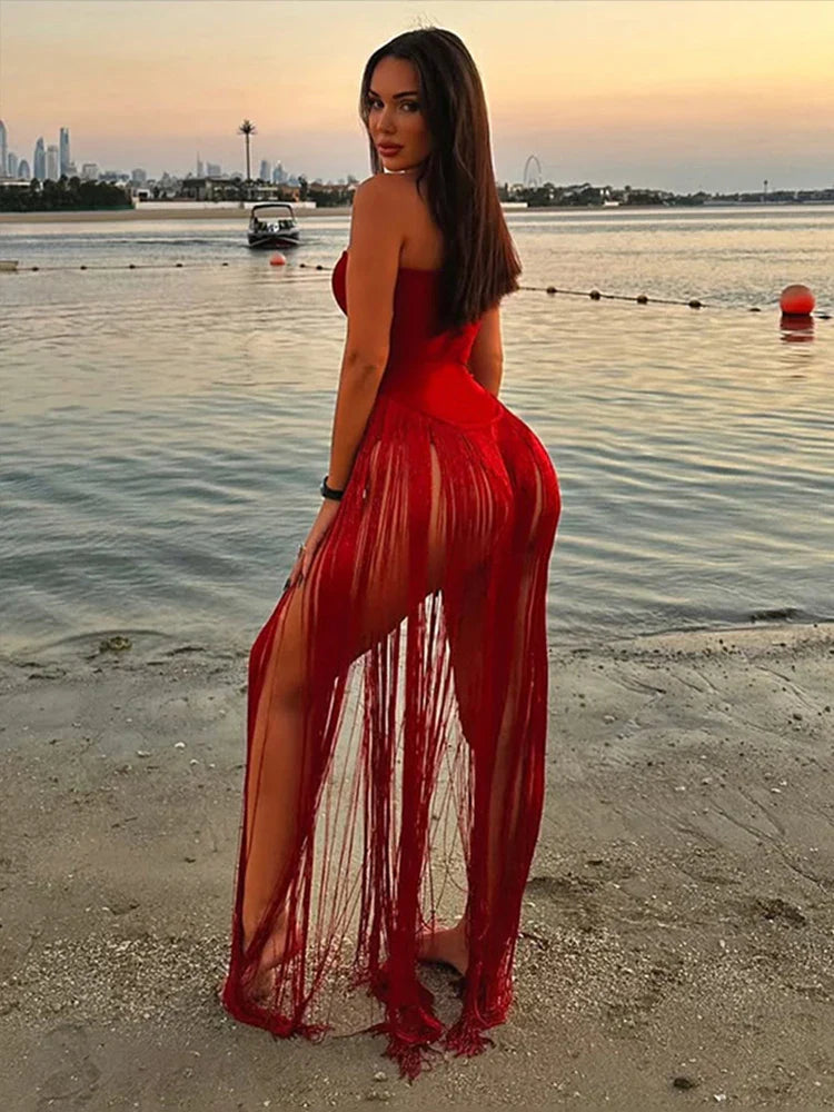 Valentine's Day Bodysuit Women Strapless Patchwork Tassel Sexy Beach Vacation Clubwear Midnight Party Tight Body Tops