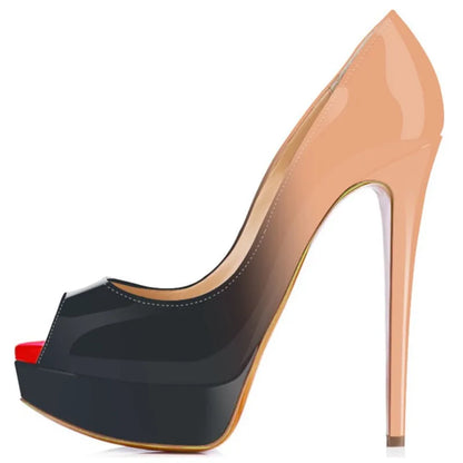 2026 New Women Pumps Sexy Platform Peep Toe 14cm Extremely High Heels Stiletto Patent Leather Party Nighclub Red Wedding Shoes
