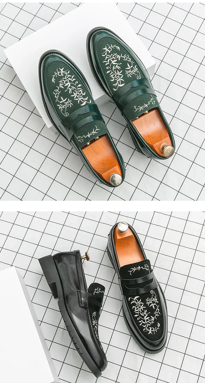 Green Embroidered Man Formal Shoes Autumn Men's Loafers Shoes High Quality Casual Leather Shoes for Men chaussure hommes cuir