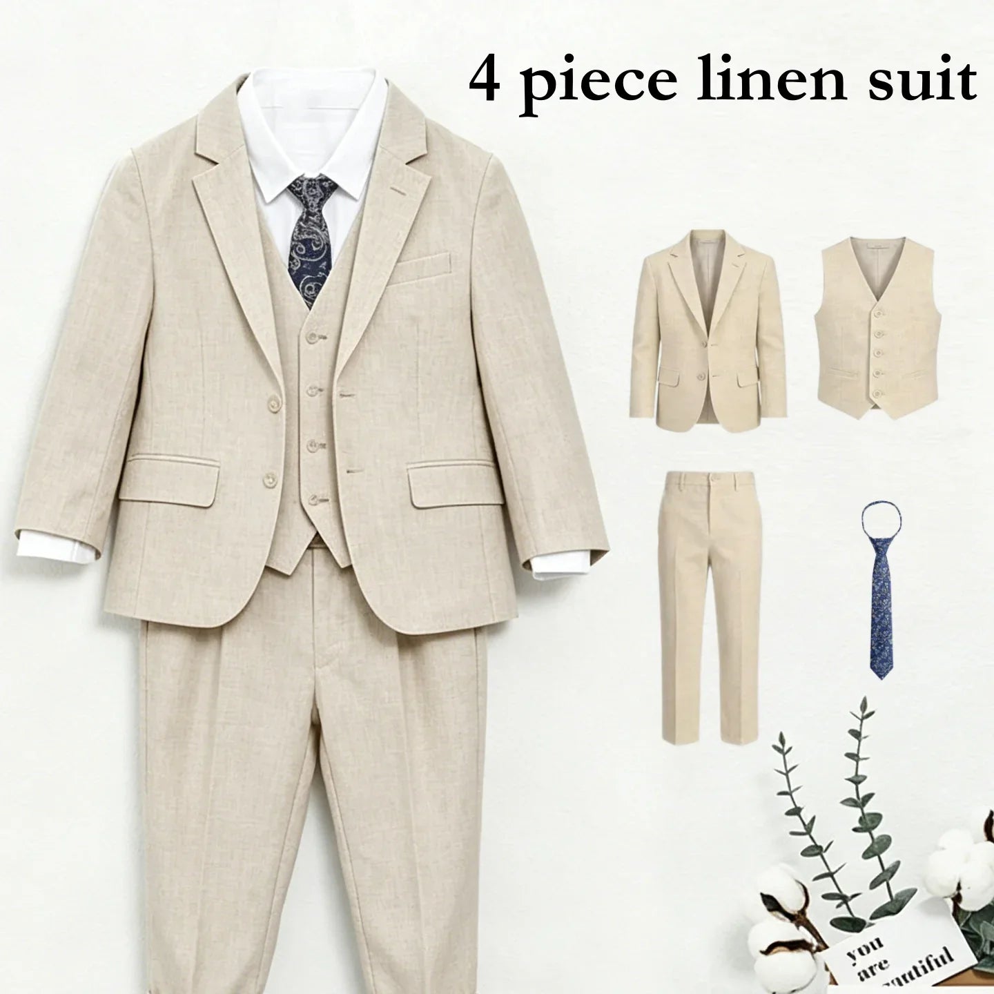 Four Pieces Linen Suit Set for Children 3-14 Years Old, Summer Beach Wedding Guest Tuxedo Jacket Vest Pants Tie Luxury Set