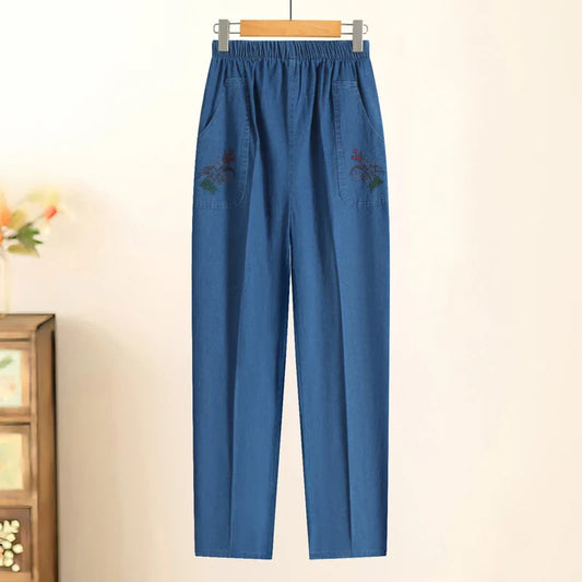 Womens Jeans High Waist Casual Elastic Mother Straight Pants