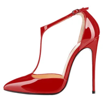Novos scarpins vazados em T com biqueira, sandálias com salto fino e sapatos de bico fino vazados sexy de boca rasa