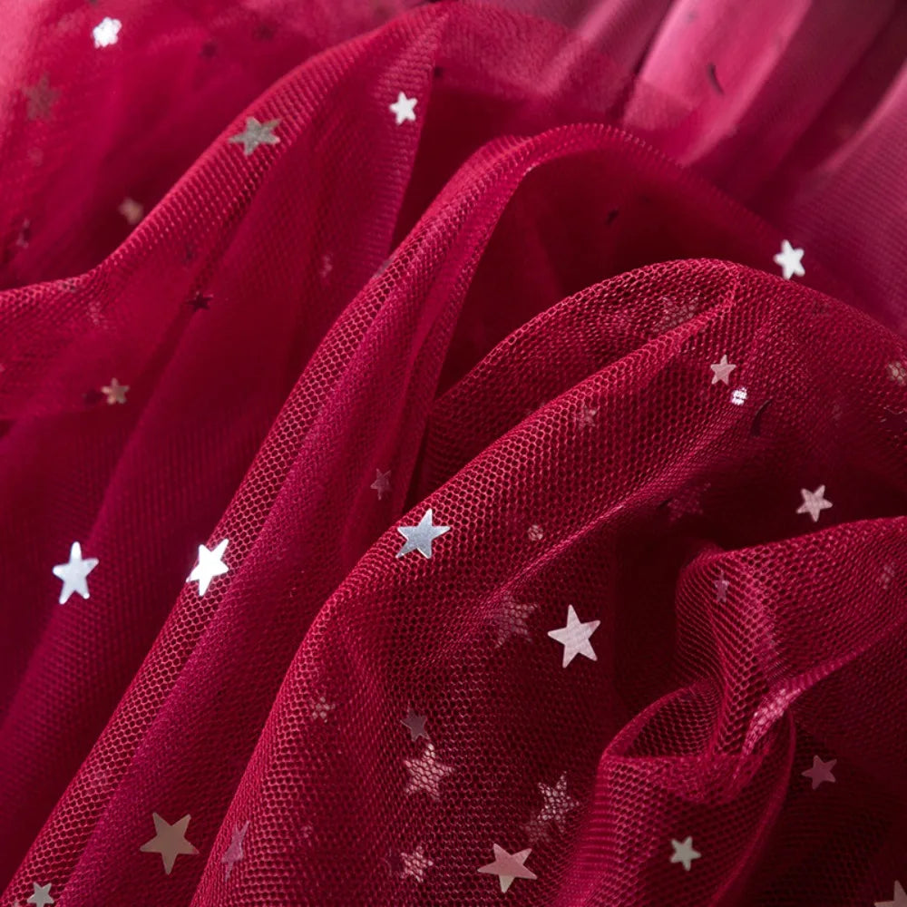 Bear Leader Autumn Winter Long Sleeved Girls Dresses Christmas Red Kids Wear Korean Version Star Gradient Mesh Princess Dress