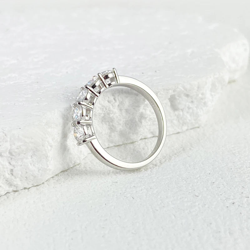 Full 4mm Moissanite Ring for Women 5 Stones Diamond Wedding Band Bride S925 Sterling Silver with White Gold Plated Rings