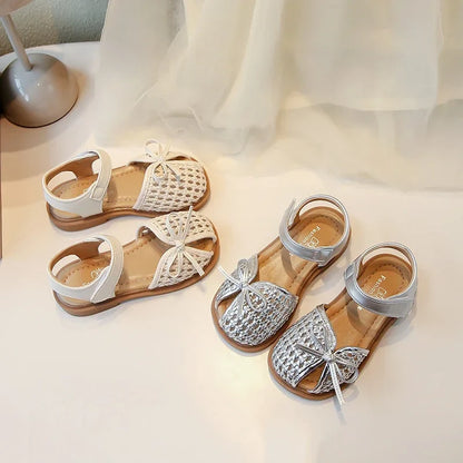 Girls Princess Shoes Weave Breathable Kids Beach Shoes with Simple Bows 2025 Summer New Children Sandals Soild Color Non-slip