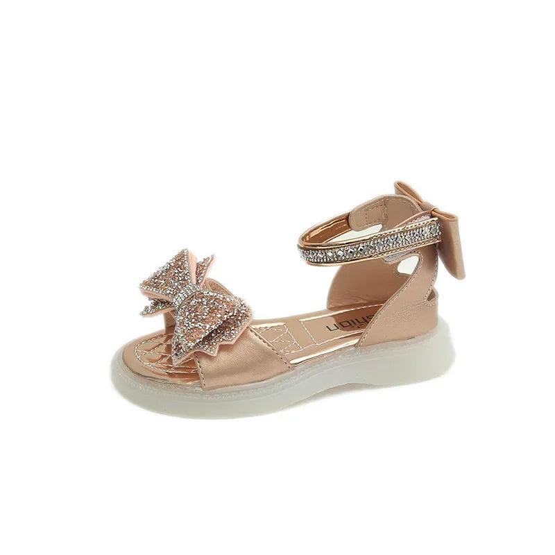 Girls Princess Sandals 2026 Summer New Baby Sparkly Rhinestones Bow Shoes Fashion Non-slip Flat Children's Sandals Boots I05257