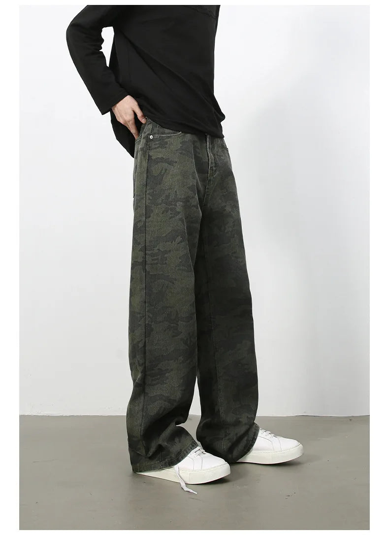 Tide Camouflage Jeans Men's Ins Loose Straight Wide Leg Casual Denim Pants Loose Male Trousers 12C2036