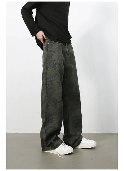 Tide Camouflage Jeans Men's Ins Loose Straight Wide Leg Casual Denim Pants Loose Male Trousers 12C2036