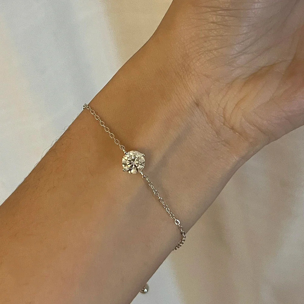 1CT Round Cut Moissanite Solitaire Diamond  Bracelet for Women Men 925 Silver Minimalist Charm Bracelet Wrist Chain Adjustable