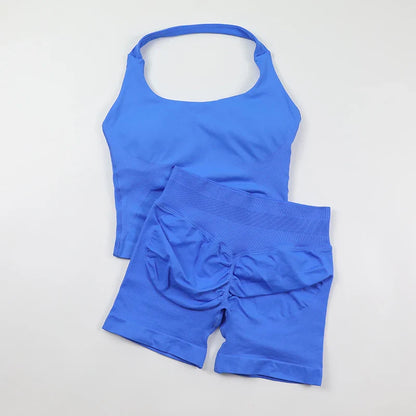 Seamless Yoga Set Womens Backless Halter Tank Top Ribbed Waist Gym Shorts 2 Piece Sets Women Outfit Workout Clothes