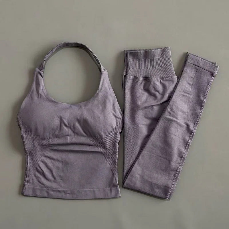 2 Piece Active Set Women Open Back Halter Top Peach Butt Lifting Leggings Seamless Soft Stretchy Gym Yoga Fitness Outfits