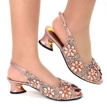 2022 Women's Party Sandals Fashion Full Diamond Flower Design Heel High 5CM Champagne Color Wedding Banquet Ladies Shoes
