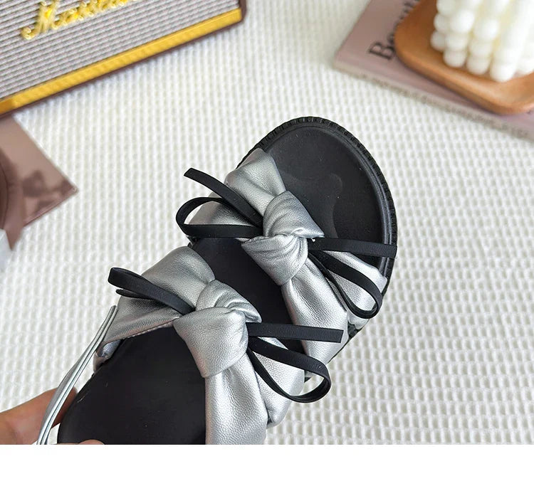 2026 Summer Girls Princess Sandals with Double Bow-knots Soft Fashion Classic Kids Summer Beach Shoes Open Toes Sweet Anti-skid