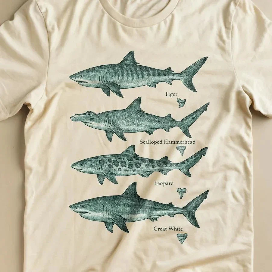 Shark Species T-Shirt, Vintage Style Marine Biology T-Shirt Featuring Natural Tiger Shark, Hammerhead Shark, and Leopard Shark