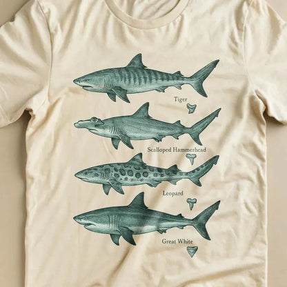 Shark Species T-Shirt, Vintage Style Marine Biology T-Shirt Featuring Natural Tiger Shark, Hammerhead Shark, and Leopard Shark