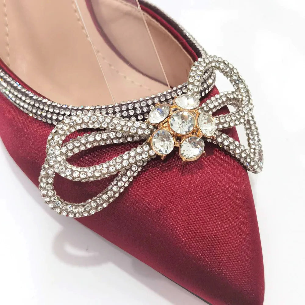 Ladies Pointed-Toe Party High Heels Magenta Colour Bow Rhinestone Stereo Bag Evening  African Wedding Shoe And Bag Set
