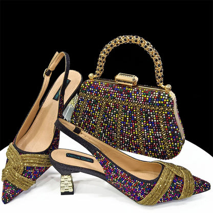 Special Design High Quality Orange Color African Women Shoes and Bag Set with Shinning Crystal for Wedding Party