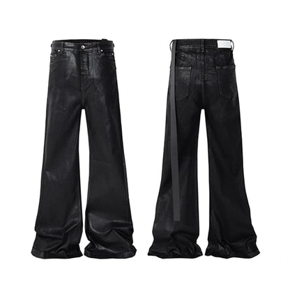 Streetwear Black Wax Leather Strecth Jeans for Men Ropa Hombre Baggy Y2k Flare Pants Oversized Straight Denim Trousers