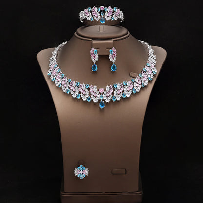 Luxury 4 Pieces Necklace Earrings Set Big Colorful CZ Zircon Wedding Bridal Jewelry Set Dubai Women Gift