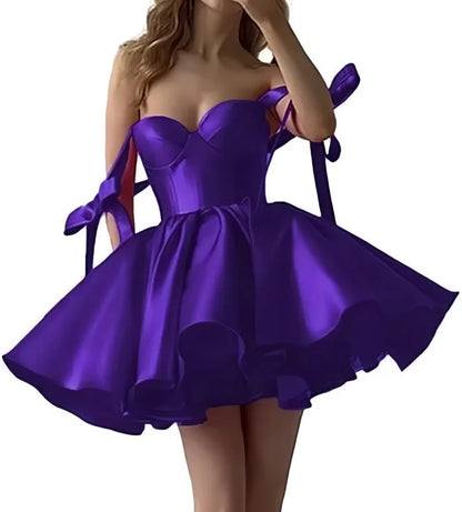 Mini Satin Sweetheart Homecoming Dresses for Teens Bow Spaghetti Straps Short Ball Gown Puffy Cocktail Prom Dress with Pockets