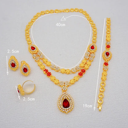 Women Gold Color Jewelry Sets Blue Pendant Necklace Earrings Bracelet Ring Sets Party Gifts