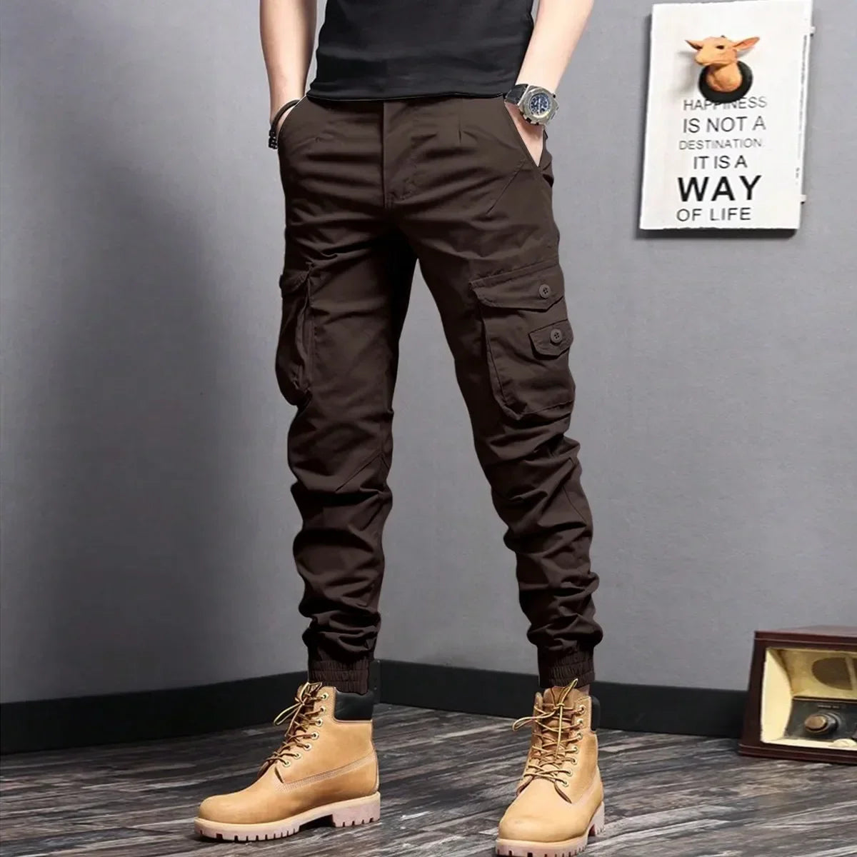 Casual Side Flap Pockets Workwear Tapered Pants, Men's Cargo Pants for Spring Fall Outdoor