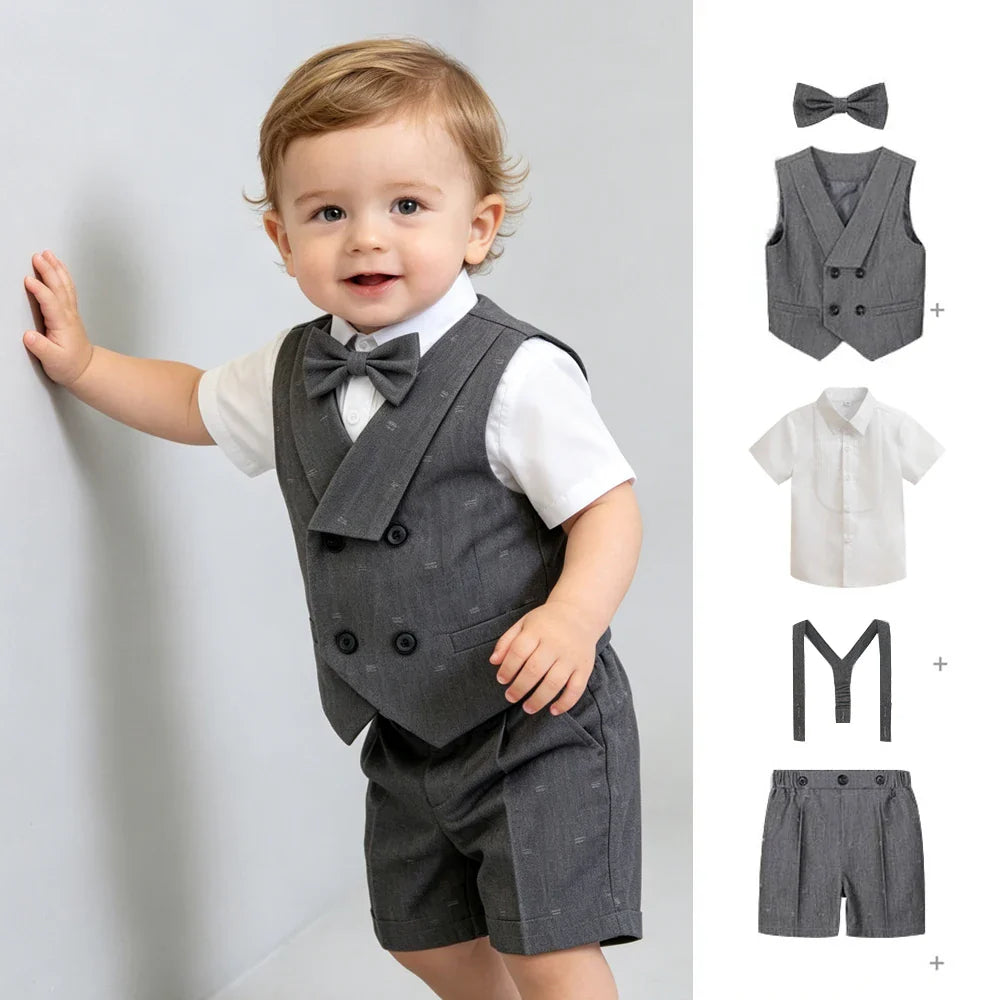 Kids Boys Formal Suit Set Denim Gray Vest Shorts Bowtie 3PCS Wedding Birthday Party Gentleman Outfit for Toddler 1-8Yrs Clothes