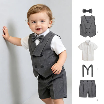 Kids Boys Formal Suit Set Denim Gray Vest Shorts Bowtie 3PCS Wedding Birthday Party Gentleman Outfit for Toddler 1-8Yrs Clothes
