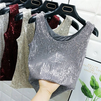Sparkling Sequins Round Neck Vest Women's Outer Wear 2022 Summer New Bright Silk Fashion Glitter Bottoming Shirt Suspender Top