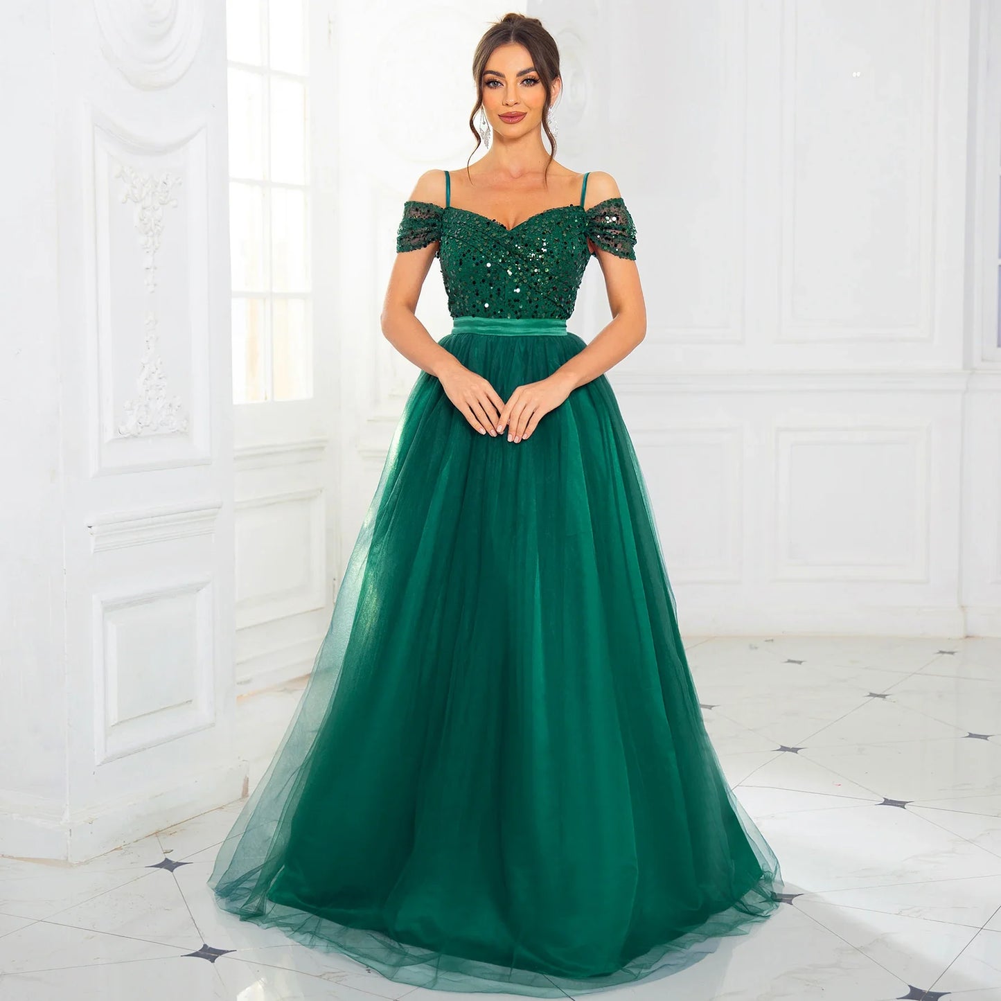 A Line Prom Evening Gown Off the Shoulder Backless Lace Up Sequin Patchwork Mesh Skirt Maxi Dresses for Women