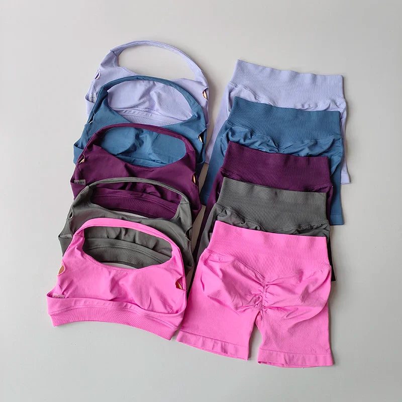Sexy Halter Neck Beautiful Back High Waist Peach Sports Bras Shorts Suit Pilates Gathering Yoga Vest Training Fitness Bra Sets