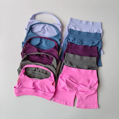 Sexy Halter Neck Beautiful Back High Waist Peach Sports Bras Shorts Suit Pilates Gathering Yoga Vest Training Fitness Bra Sets