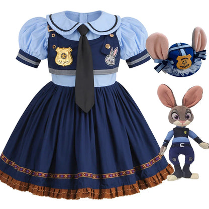 Judy Cosplay Costume Kids Carnival Party Dress Girls Tie Headdress Belt Socks Sets Police Role Play Movie Uniform Birthday Gift