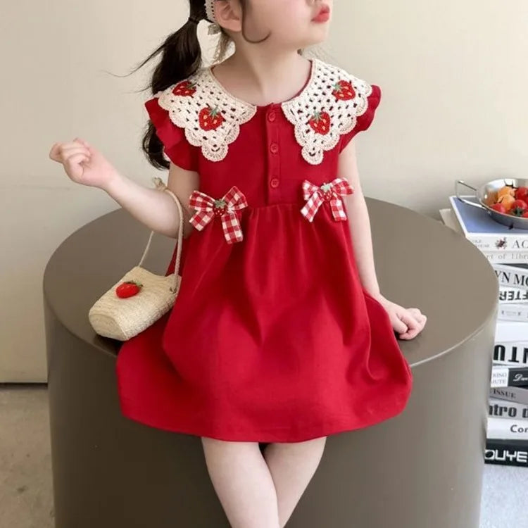 2026 Summer New Style Girls Sleeveless Dress Fashion Strawberry Turn-down Collar Kids Princess Dresses Child Red Party Clothes