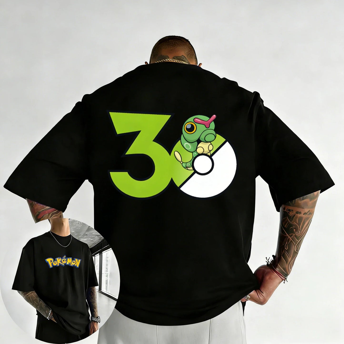 30th Anniversary Caterpie Printed T-shirt Summer New Men's and Women's Loose Casual Hip Hop Trendy Short Sleeve Top