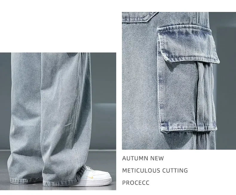Autumn New Wide Leg Washing Jean Pants Men Trousers Neutral Solid Color Loose Casual Fashion Pocket Cargo Pants Big Size 8xl