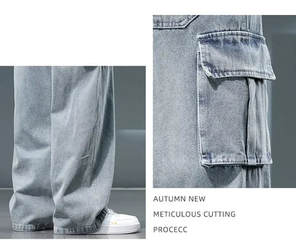 Autumn New Wide Leg Washing Jean Pants Men Trousers Neutral Solid Color Loose Casual Fashion Pocket Cargo Pants Big Size 8xl