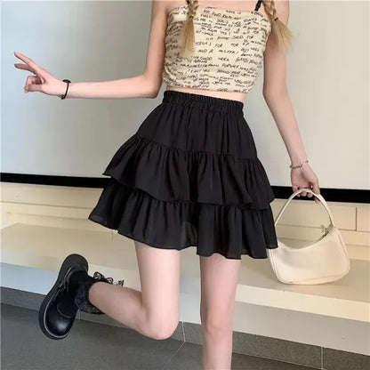 High Waist Layered Splice Short Skirt Pure Color Iron Free Polyester Blend Summer Cake Design Sweet Half Body Skirt