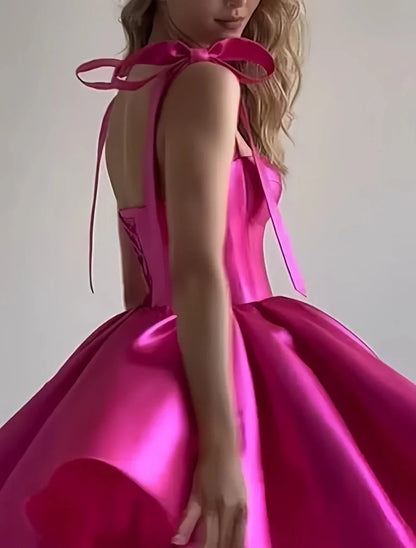 Mini Satin Sweetheart Homecoming Dresses for Teens Bow Spaghetti Straps Short Ball Gown Puffy Cocktail Prom Dress with Pockets