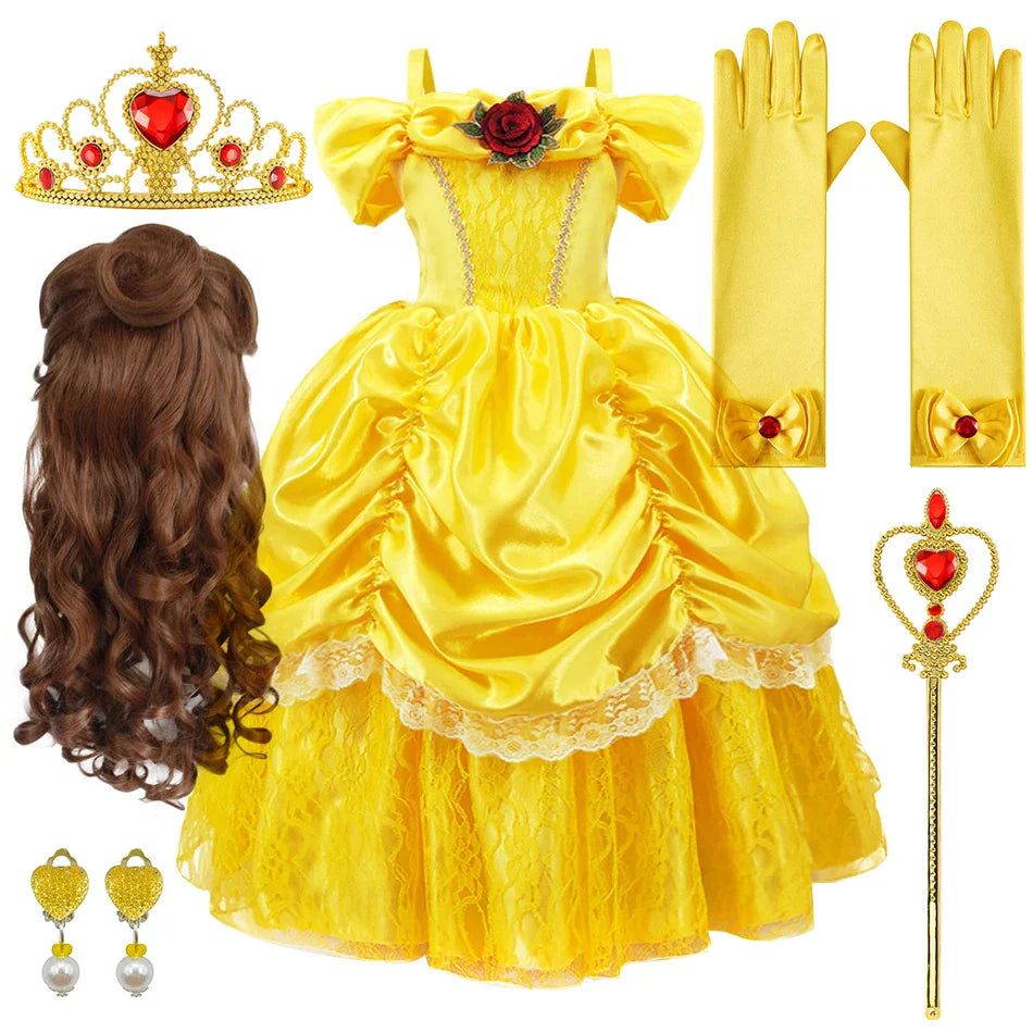 Girls Belle Cosplay Princess Dress Children Beauty Beast Clothes Birthday Carnival Christmas Party Costume Kids Ball Gown 2-11T