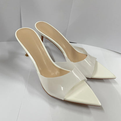 Novas Sandálias Femininas de Salto Alto de Verão Simples Transparentes de Salto Alto, Chinelos de Salto Agulha, Bico Fino, Aberto na Frente, Mules
