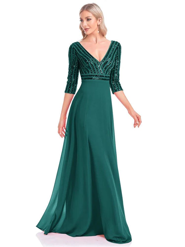 Elegant Sequined Long Sleeve Gown V Neck Pink Evening Dress Wedding Party Graduation Prom Dresses For Women 2025