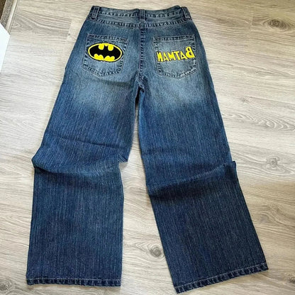 Calça Jeans Larga Retrô Azul com Bordado de Letras de Desenho Animado Hip Hop Harajuku Masculina Feminina Roupa Y2K Rock Cintura Baixa Perna Larga