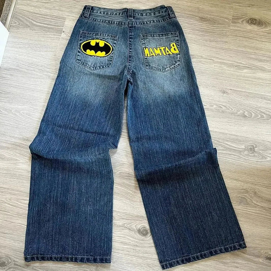 Harajuku Hip Hop Cartoon Letter Embroidery Retro Blue Baggy Jeans Mens Womens Jeans Y2K Clothes Rock Low Waist Wide Leg Trousers