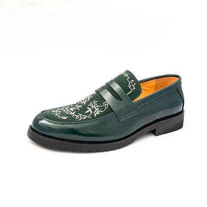 Green Embroidered Man Formal Shoes Autumn Men's Loafers Shoes High Quality Casual Leather Shoes for Men chaussure hommes cuir