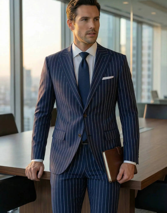 Elegant dark blue striped men's suit; 2 pieces of fashionable double-breasted, collarless slim-fit jacket and trouser set new st