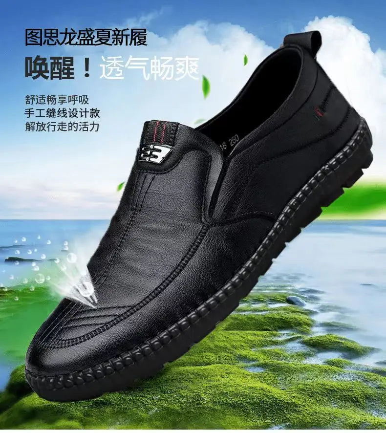 Mens PU leather slip-on loafers casual non-slip walking flats breathable shoes