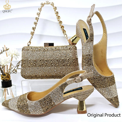 Nigerian Women Heel Ladies Italian Luxury Design Green Shoes And Bag Set Decorated with Rhinestone Handbag Wedding Party