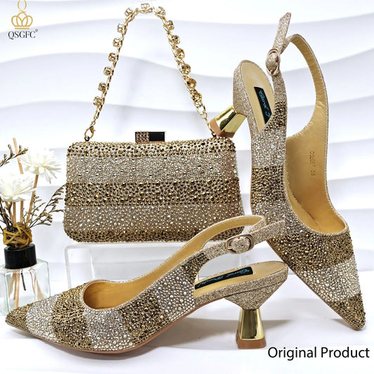 Gold Color Elegant Women Heels Shoes and Bag Set Hollow Rhinestones  High Heels Wedges Shoes Matching Bag